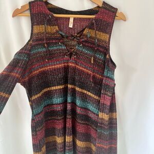 Elan Cold-Shoulder Ribbed Knit Top Multicolor Stripe | Size M